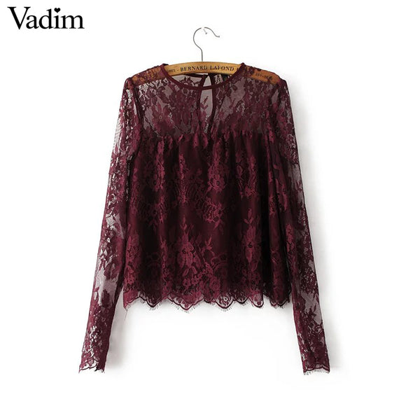 Women vintage transparent wine lace shirts long sleeve - VADIM