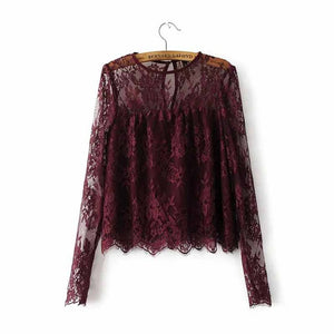 Women vintage transparent wine lace shirts long sleeve - VADIM