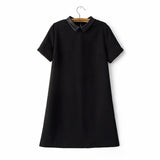 Women Faux PU leather collar black dress short sleeve - VADIM