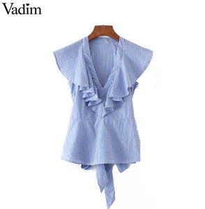 Women sweet ruffles striped blue shirts sexy v-neck - VADIM