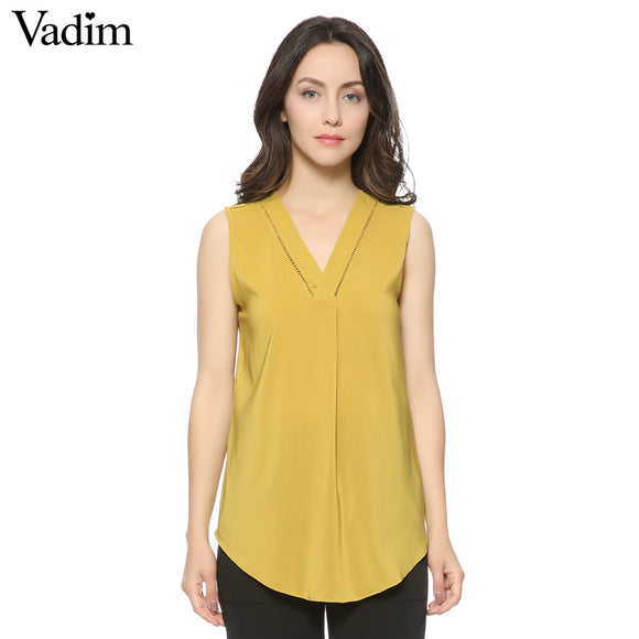 women sexy V-neck sleeveless chiffon long blouse - VADIM