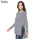 Women loose side split long T shirt O-neck long sleeve - VADIM