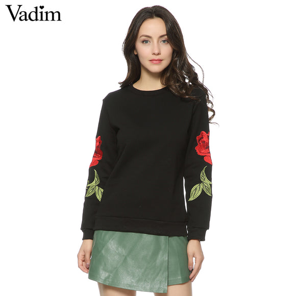 Women Embroidery floral black White sweatshirts long sleeve - VADIM