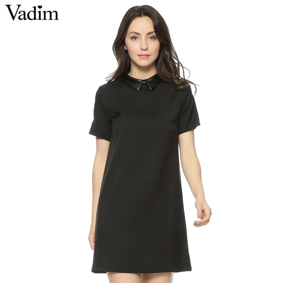 Women Faux PU leather collar black dress short sleeve - VADIM