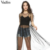 Women sexy transparent black mesh pleated dress short sleeve - VADIM