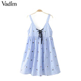 Vadim women sexy V neck flower embroidery striped spaghetti strap dress - VADIM