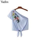 Vadim women sexy one shoulder flower embroidery striped blouses - VADIM