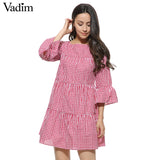 Women oversized pleated plaid dress summer - VADIM