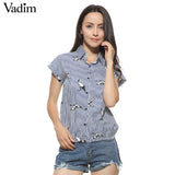 Women birds print loose blue striped shirts - VADIM