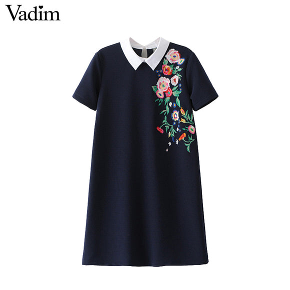 Vadim women sweet floral embroidery dress short sleeve - VADIM