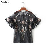 Women sexy flower embroidery ruffles mesh shirts - VADIM