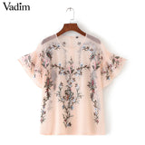 Women sexy flower embroidery ruffles mesh shirts - VADIM