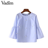 Women elegant pearls beading flare sleeve shirt O neck blouse - VADIM