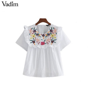 Vadim women sweet ruffles floral embroidery shirts short sleeve - VADIM