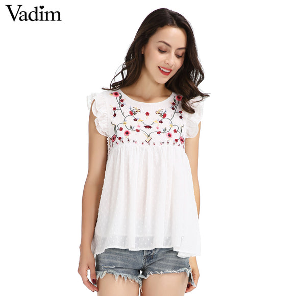 Vadim sweet floral embroidery pleated ruffled shirt - VADIM