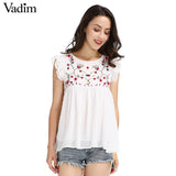 Vadim sweet floral embroidery pleated ruffled shirt - VADIM