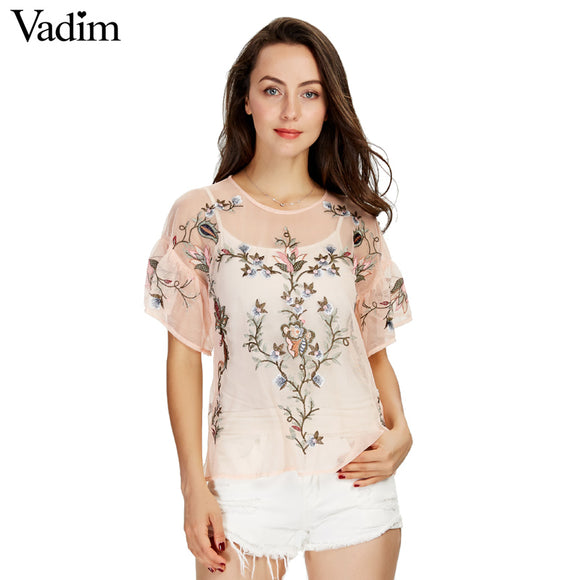 Women sexy flower embroidery ruffles mesh shirts - VADIM