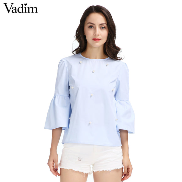 Women elegant pearls beading flare sleeve shirt O neck blouse - VADIM