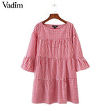 Women oversized pleated plaid dress summer - VADIM