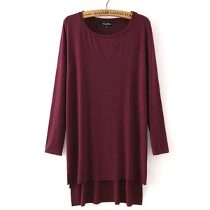 Women loose side split long T shirt O-neck long sleeve - VADIM