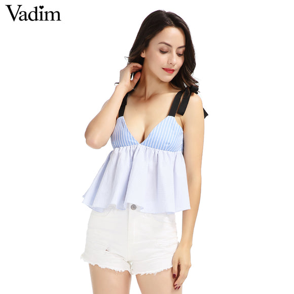 Vadim women sexy deep V neck striped camis shirt - VADIM