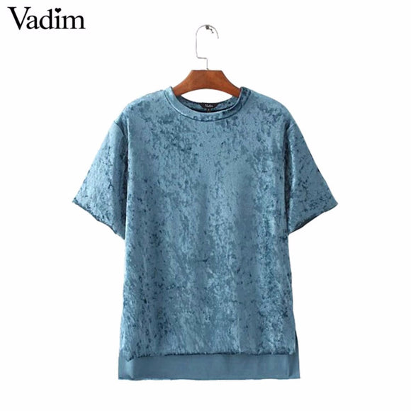 Women vintage velvet T shirt solid short sleeve o neck - VADIM