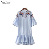 Vadim women sweet ruffles floral embroidery striped dress - VADIM