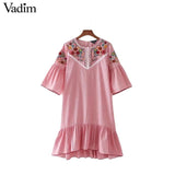 Vadim women sweet ruffles floral embroidery striped dress - VADIM