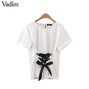 Vadim women sweet lace up shirt short sleeve o neck - VADIM