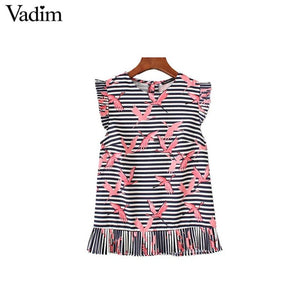 Vadim women sweet ruffles crane print striped shirts - VADIM