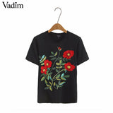 Vadim women sweet floral embroidery T shirt o neck short sleeve - VADIM