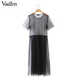 Women sexy transparent black mesh pleated dress short sleeve - VADIM