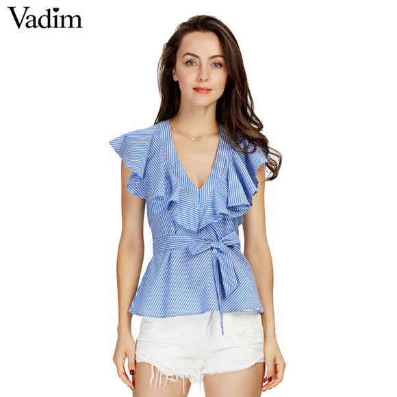 Women sweet ruffles striped blue shirts sexy v-neck - VADIM