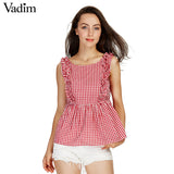 Vadim women sweet ruffles plaid pleated shirts - VADIM