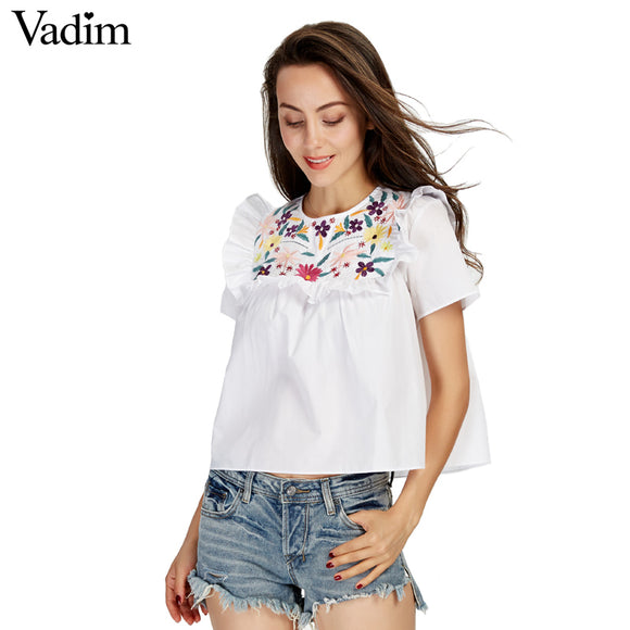 Vadim women sweet ruffles floral embroidery shirts short sleeve - VADIM