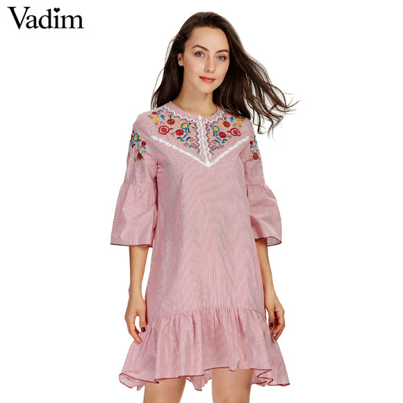 Vadim women sweet ruffles floral embroidery striped dress - VADIM