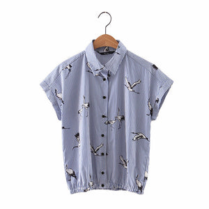 Women birds print loose blue striped shirts - VADIM