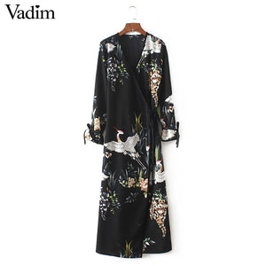 Women flower crane print maxi wrap dress long sleeve - VADIM