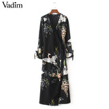 Women flower crane print maxi wrap dress long sleeve - VADIM