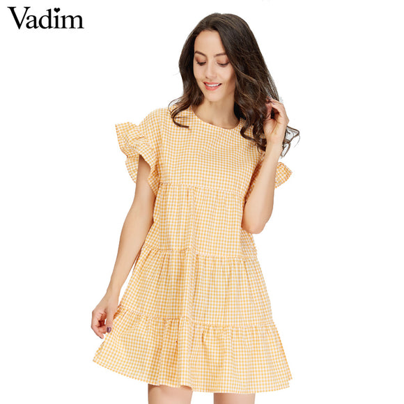 Vadim women sweet ruffles plaid pleated dress - VADIM