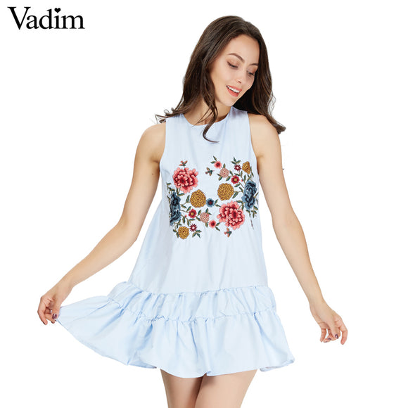 Vadim women sweet floral embroidery pleated dress sleeveless - VADIM