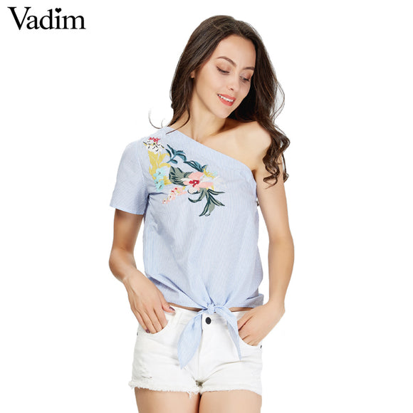 Vadim women sexy one shoulder flower embroidery striped blouses - VADIM