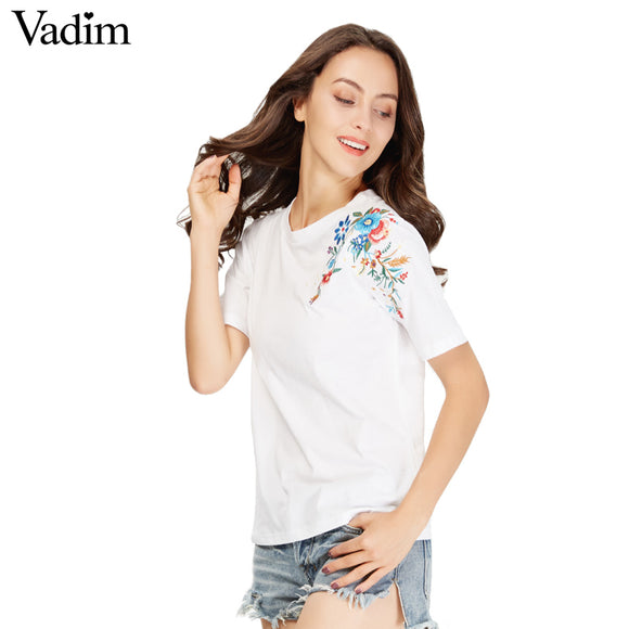 women sweet flower embroidery T shirt short sleeve - VADIM