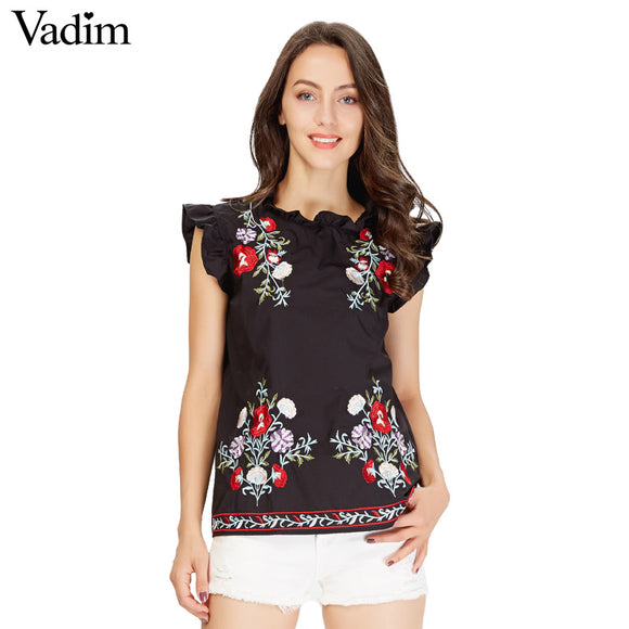 Vadim women sweet ruffles floral embroidery shirts - VADIM