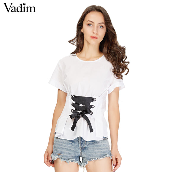 Vadim women sweet lace up shirt short sleeve o neck - VADIM