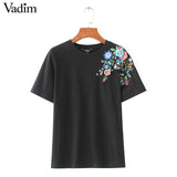 women sweet flower embroidery T shirt short sleeve - VADIM