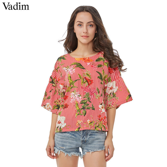 Vadim women sweet floral striped shirts - VADIM