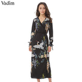 Women flower crane print maxi wrap dress long sleeve - VADIM