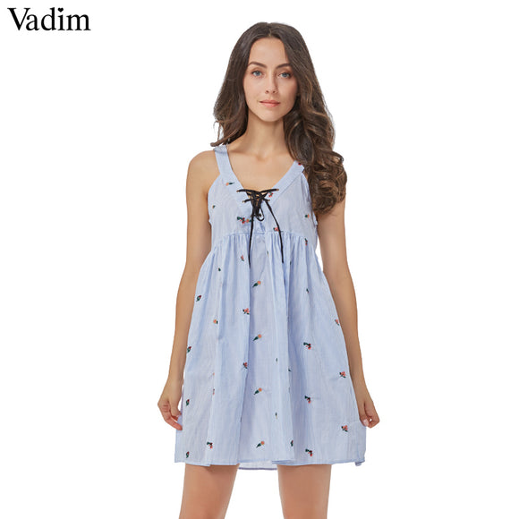 Vadim women sexy V neck flower embroidery striped spaghetti strap dress - VADIM