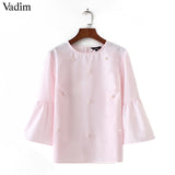 Women elegant pearls beading flare sleeve shirt O neck blouse - VADIM